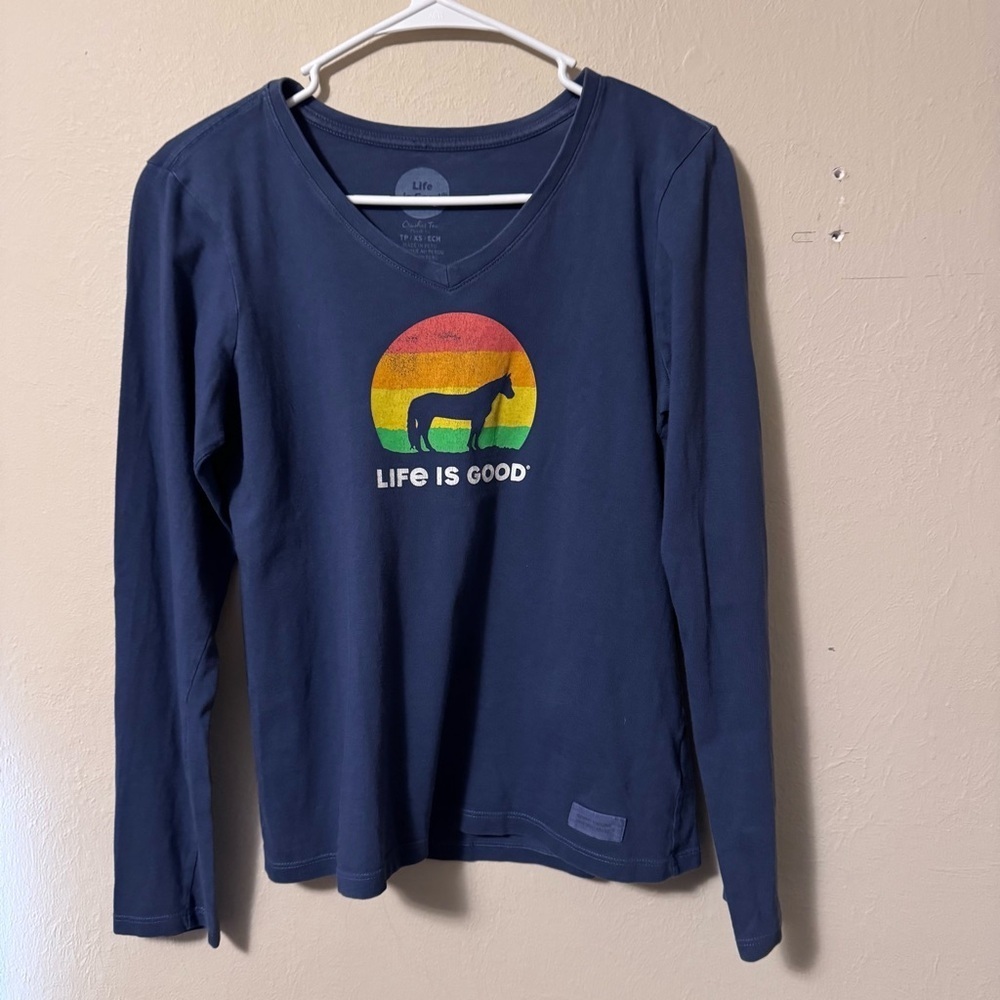 Life is Good sun horse graphic Crusher Tee Long sleeve blue Size XSmall
